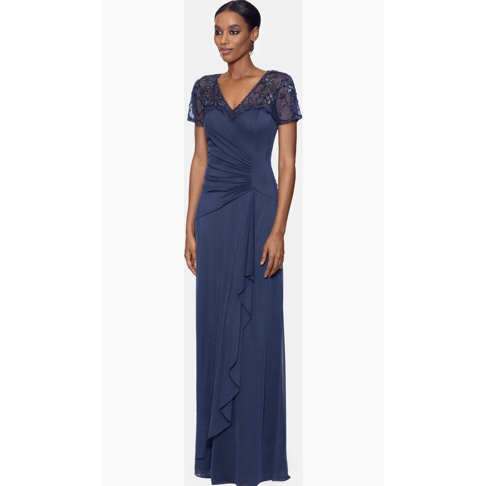 NWT Xscape Evenings Beaded Short Sleeve Ruched Gown Navy Blue 8 Formal Wedding